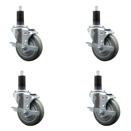 Service Caster 4'' SS Gray Poly Swivel 1-1/4'' Expanding Stem Caster Set with Brake, 4PK SCC-SSEX20S414-PPUB-TLB-114-4